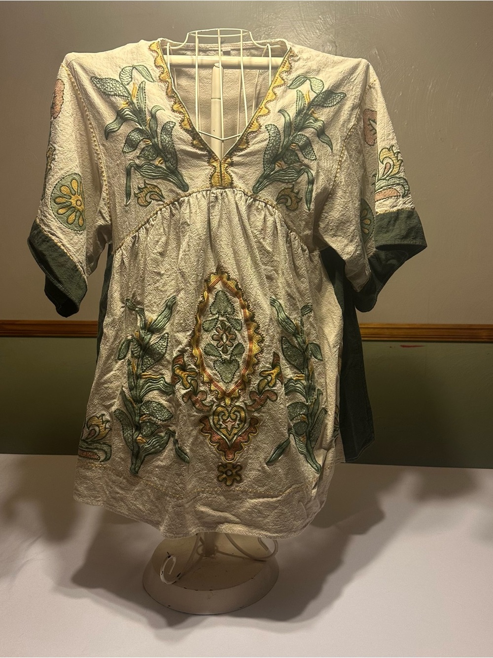 Embroidered Cream  babydoll Mini Dress with Green Accents